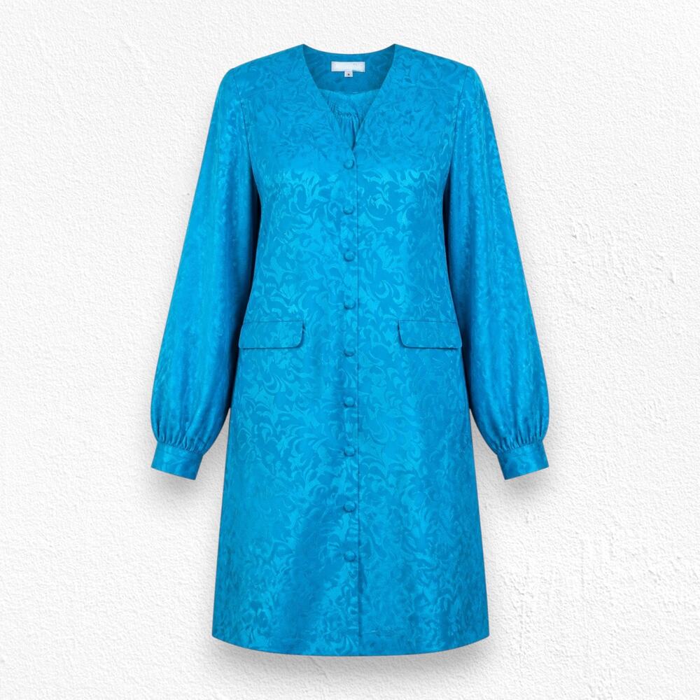 Vintage 80s Adrianna Papell Turquoise Silk Jacquard Button Coat Dress Size 12